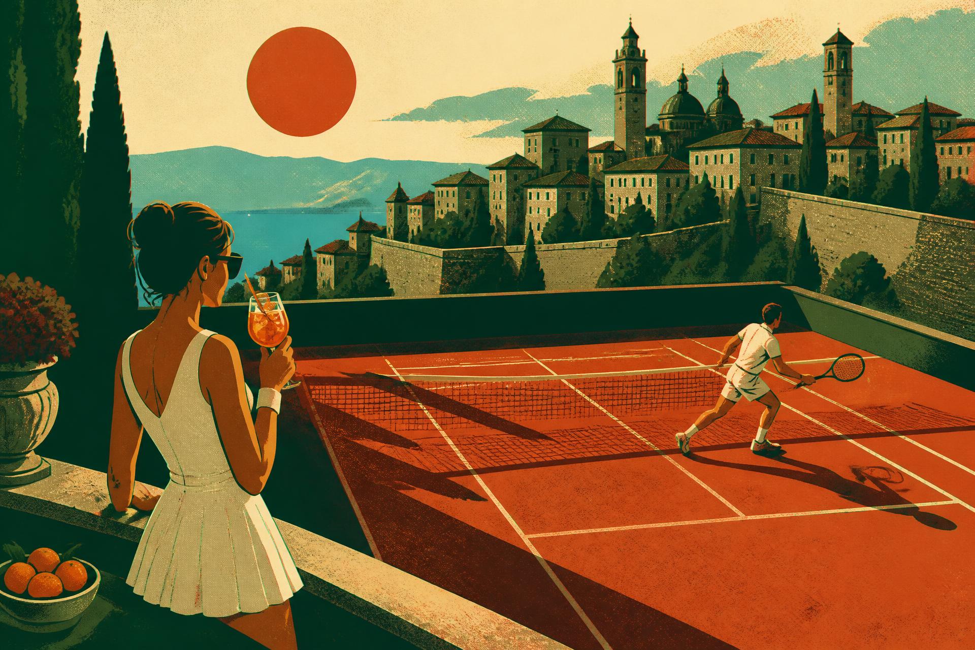 Screen-printed poster of a clay tennis court at golden hour above the towers of Bergamo Città Alta