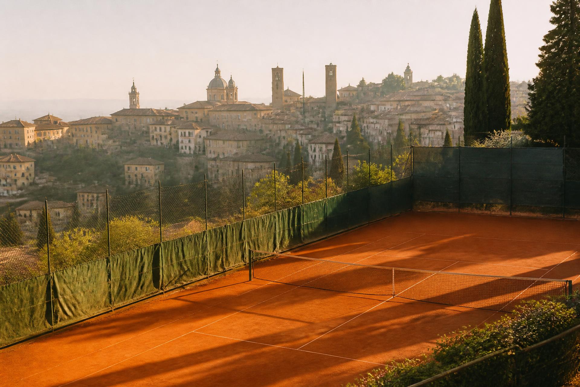 A clay tennis court at golden hour above the towers of Bergamo Città Alta