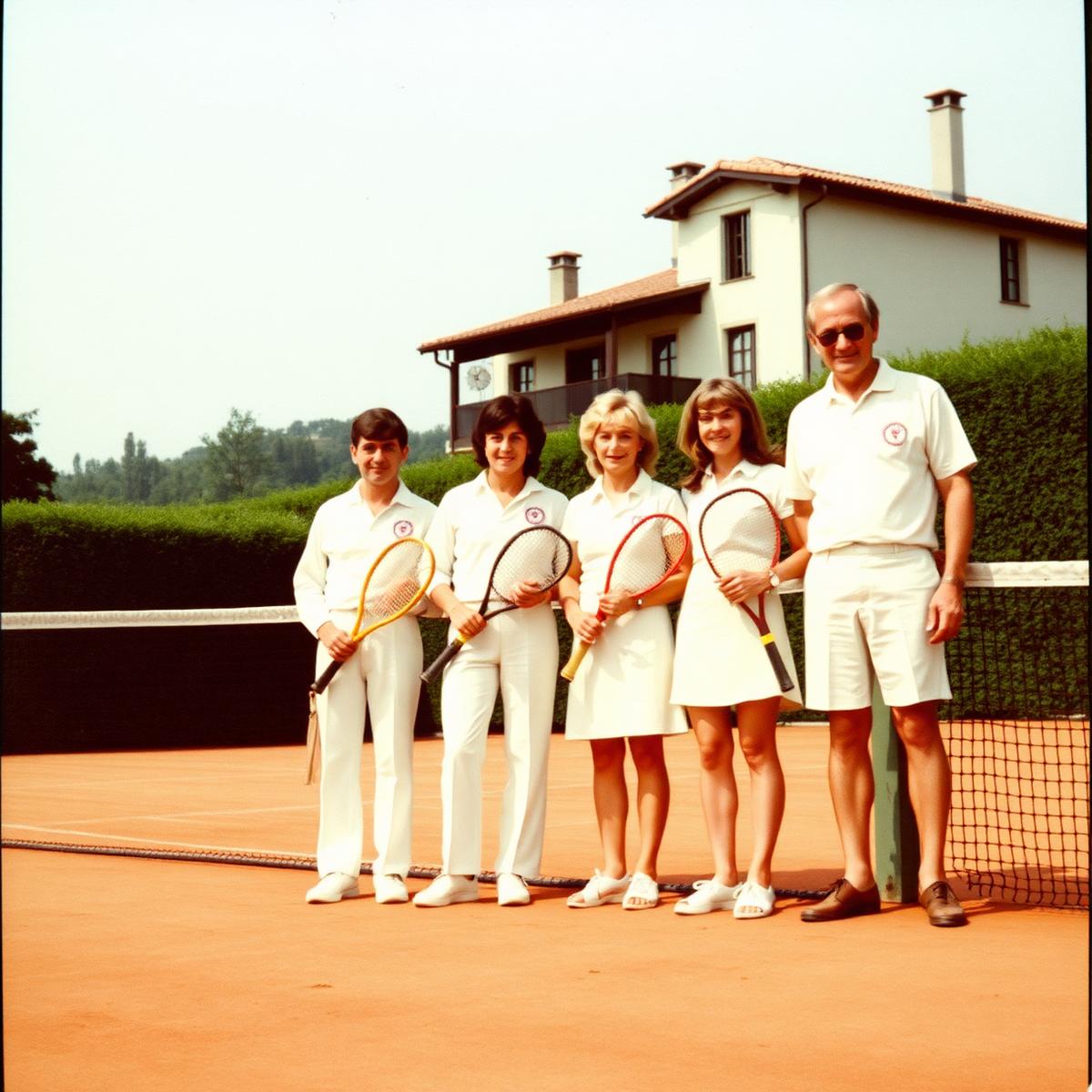 Archive photograph of club members in white clothing beside a clay court